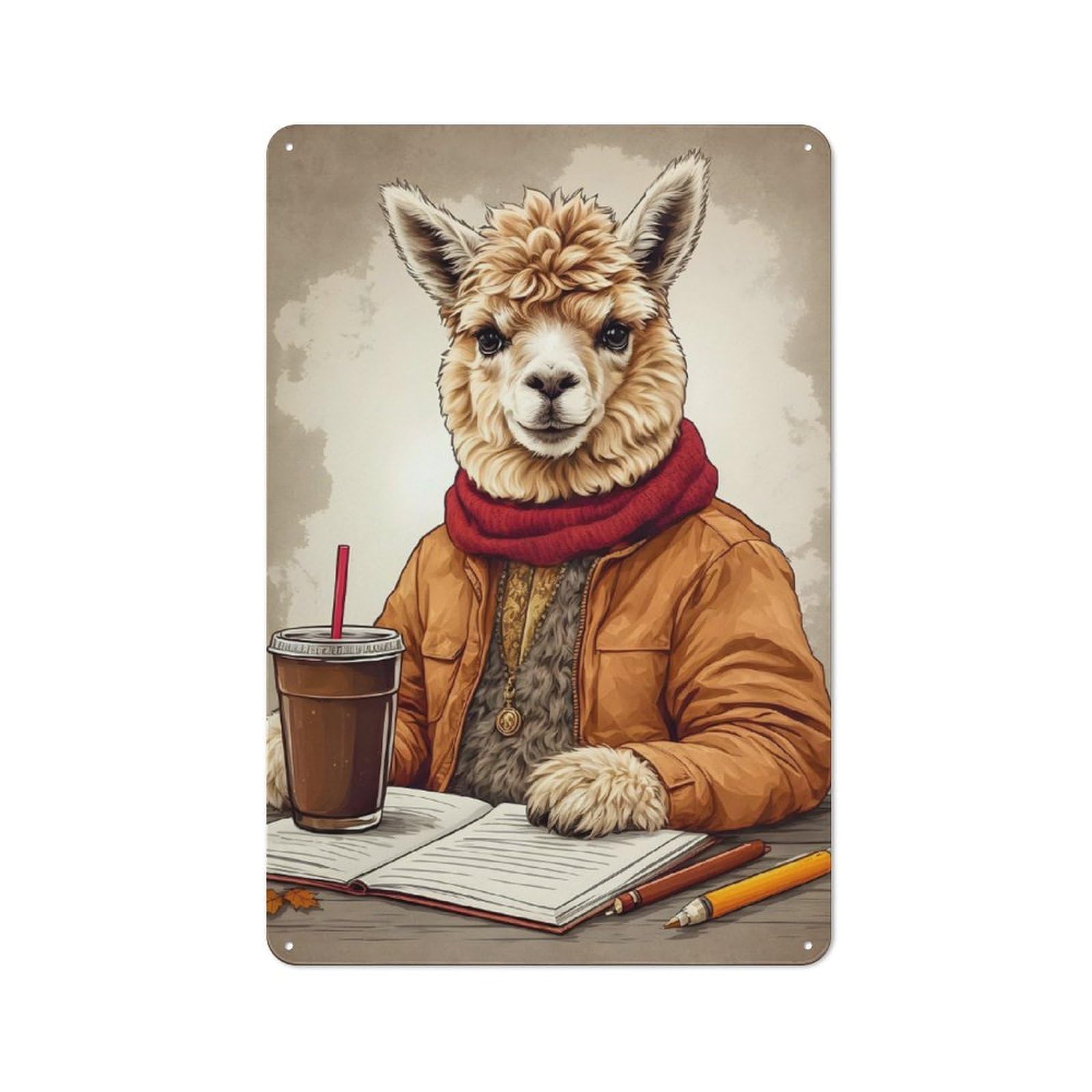 Junmoney Alpaca Enjoying Coffe Vintage Tin Sign 30X20cm With For Studio Or Craft Room, For Garage, Workshop And Man Cave Decoration