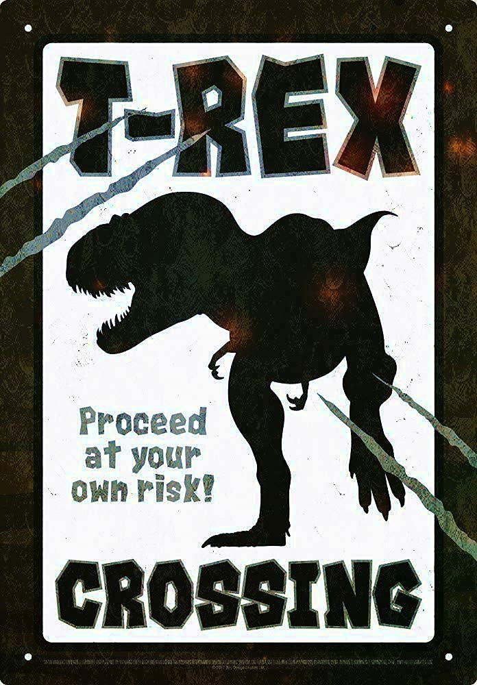 rayprint TRex Dinosaur Crossing Metal Tin Sign 8x12 inch