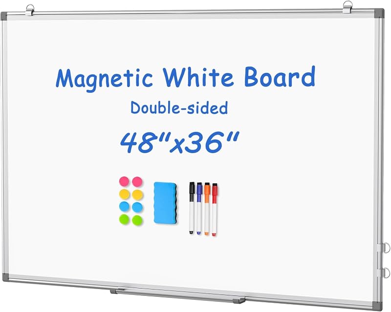 Large White Board 48x36 Double-Sided Dry Erase Magnetic for Wall | 11-Layer, Aluminum Frame, Smooth Write & Clean, Wall Mount & Hanging, Full Accessories for Home, Office, School