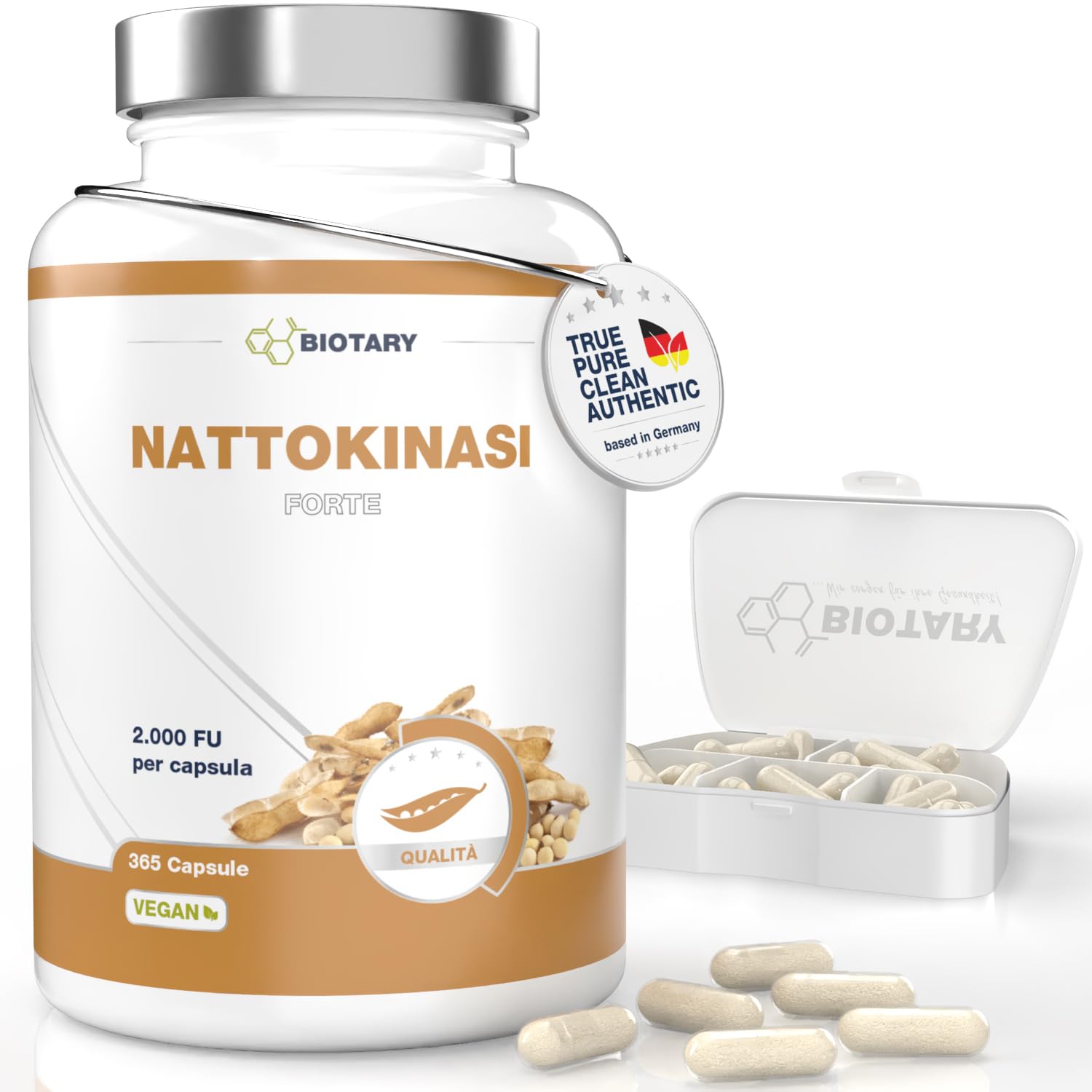 Nattokinase 365 capsule da 100 mg ciascuna (20.000 FU/g) - Scorta per 12 mesi con portapillole incluso - Ad alto dosaggio - Testato in laboratorio - Vegano - A base di soia senza OGM e senza additivi