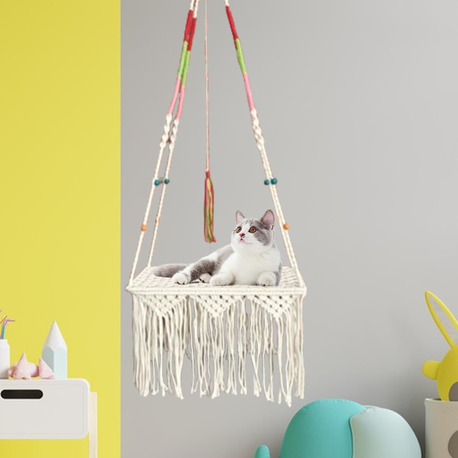 Makramee Katzenhängematte - Vielseitiges Baumwollseil mit handgewebten Quasten, wiederverwendbares Material, großer Hängekorb | Indoor Ruheplatz für Katzen von