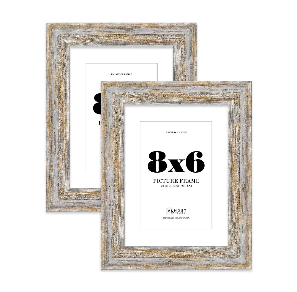8x6" Walnut Woodgrain Picture Frame with 6x4" Mount - Shabby Chic Photo Frame with Distressed Finish, Wall Hooks and Kickstand, 32mm Edge - 2 Pack