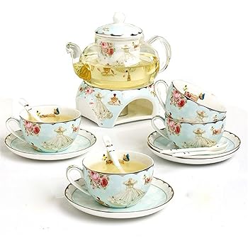 Amazon.com: Juego de té de cerámica con flores y plantas románticas, 15 piezas, con cucharas a juego, tazas de porcelana china y té de la tarde: Kitchen \u0026 Dining
