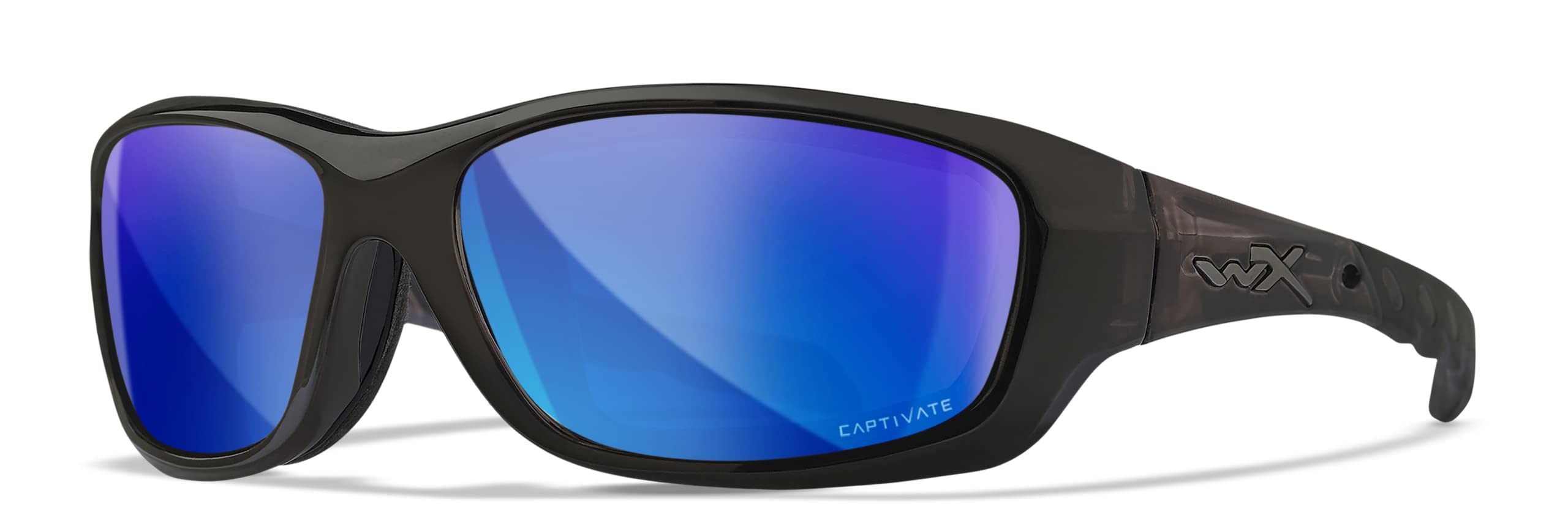 WX Gravity Captivate Polarized Sunglasses, Safety Glasses for Men and Women, UV Eye Protection for Fishing Black Crystal Frames, Blue Mirror Tinted Lenses