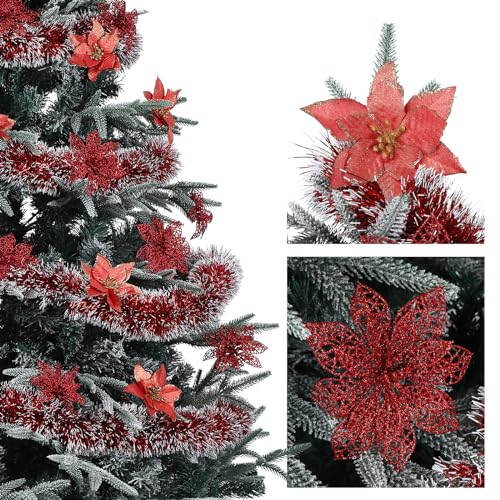 24 Pieces Christmas Glitter Poinsettia with Clips Christmas Poinsettia Decorations Artificial Poinsettia Flowers Ornament Christmas Flowers for New Year Wedding Home Decoration 5.9inch/15cm Red
