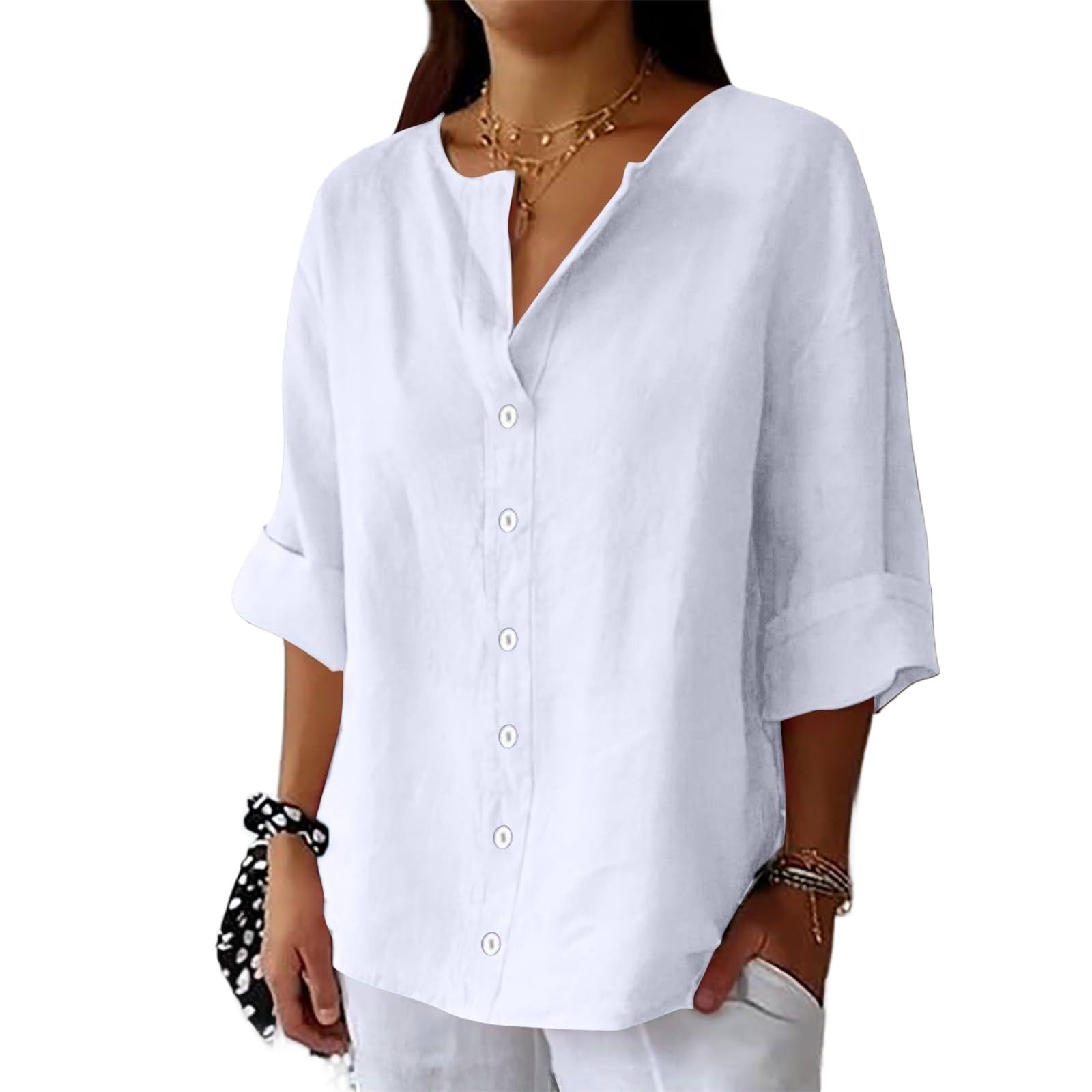 Women's Linen Shirt Button Down V Neck Trendy Solid Blouse 3/4 Sleeves Casual Loose Fit Tunic Tops Summer T Shirts