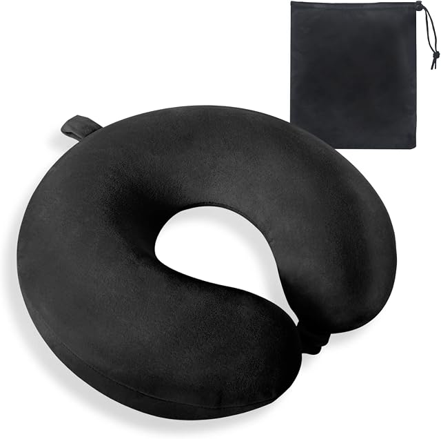 SSKHE Travel Neck Pillow Memory Foam U-Shaped Pillow, Repose, Airplane, Travel, Support Cervical Vertebra Pillow, Slow Rebound Memory Foam, Soft and Odorless, Detachable Outer Pillowcase (Black)