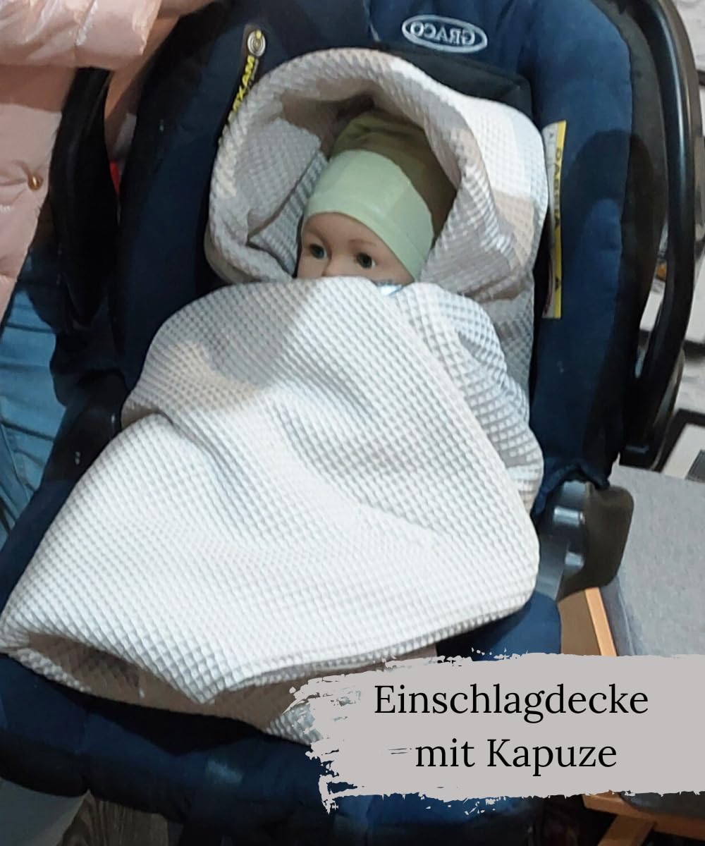 Einschlagdecke Babyschale Winter Herbst 75x75cm mit Kapuze Klettverschluss Ganzjährig Leinen