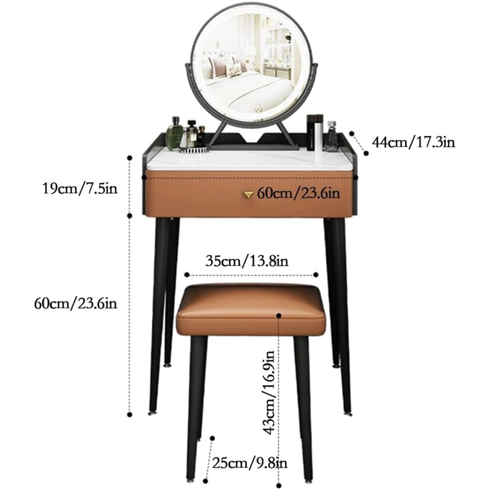 Set da trucco in ardesia nera con specchio e illuminazione, sgabello imbottito, semplice tavolo da toeletta per la casa e la camera da letto, design robusto, perfetto per gli amanti della bellezza