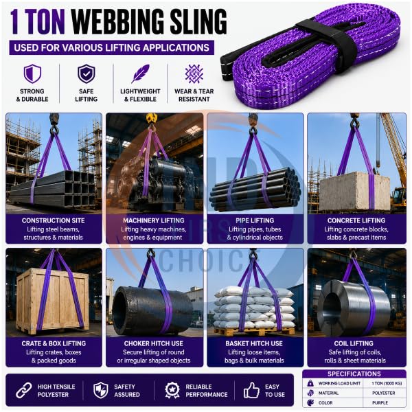 Image of IND 1 Ton Lifting Belt 1 Meter Polyester Webbing Sling | Heavy Duty Flat Eye to Eye Lifting Strap | 1000 kg Capacity for Crane, Hoist, Material Handling, Cargo & Rigging