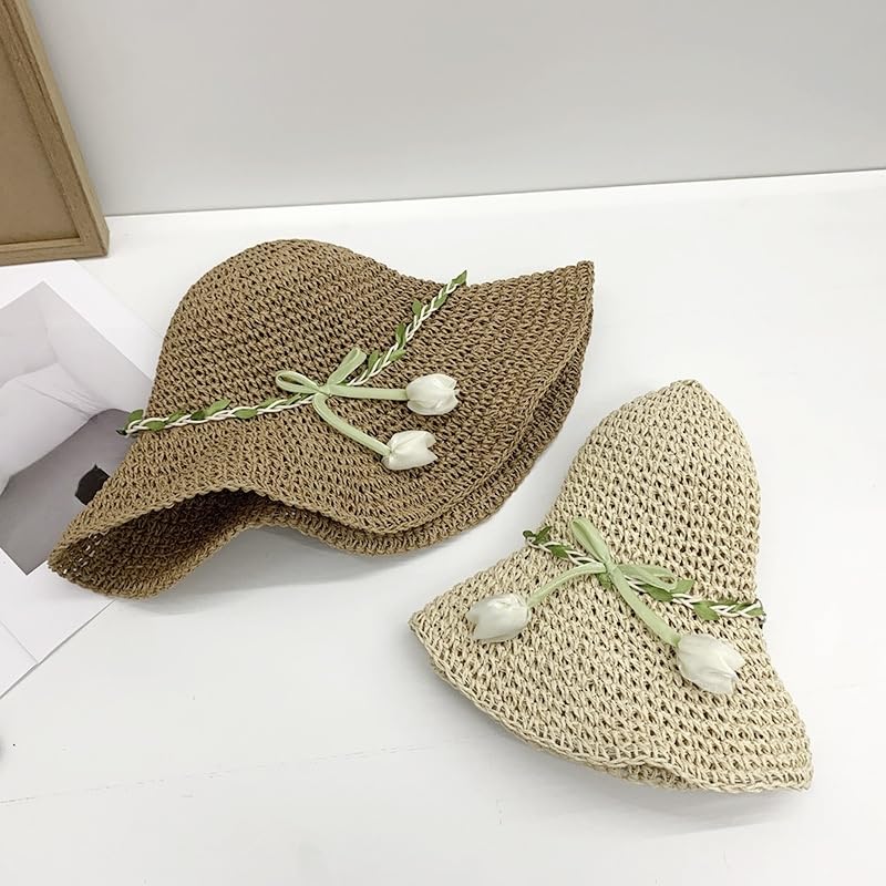 Sombrero de Paja de ala Ancha Transpirable de Verano para Mujer,Sombrero de Paja Tejido con Protección UV y Decoración de Tulipán,Sombrero de Playa Ligera para Jardín,Viajes y Exteriores