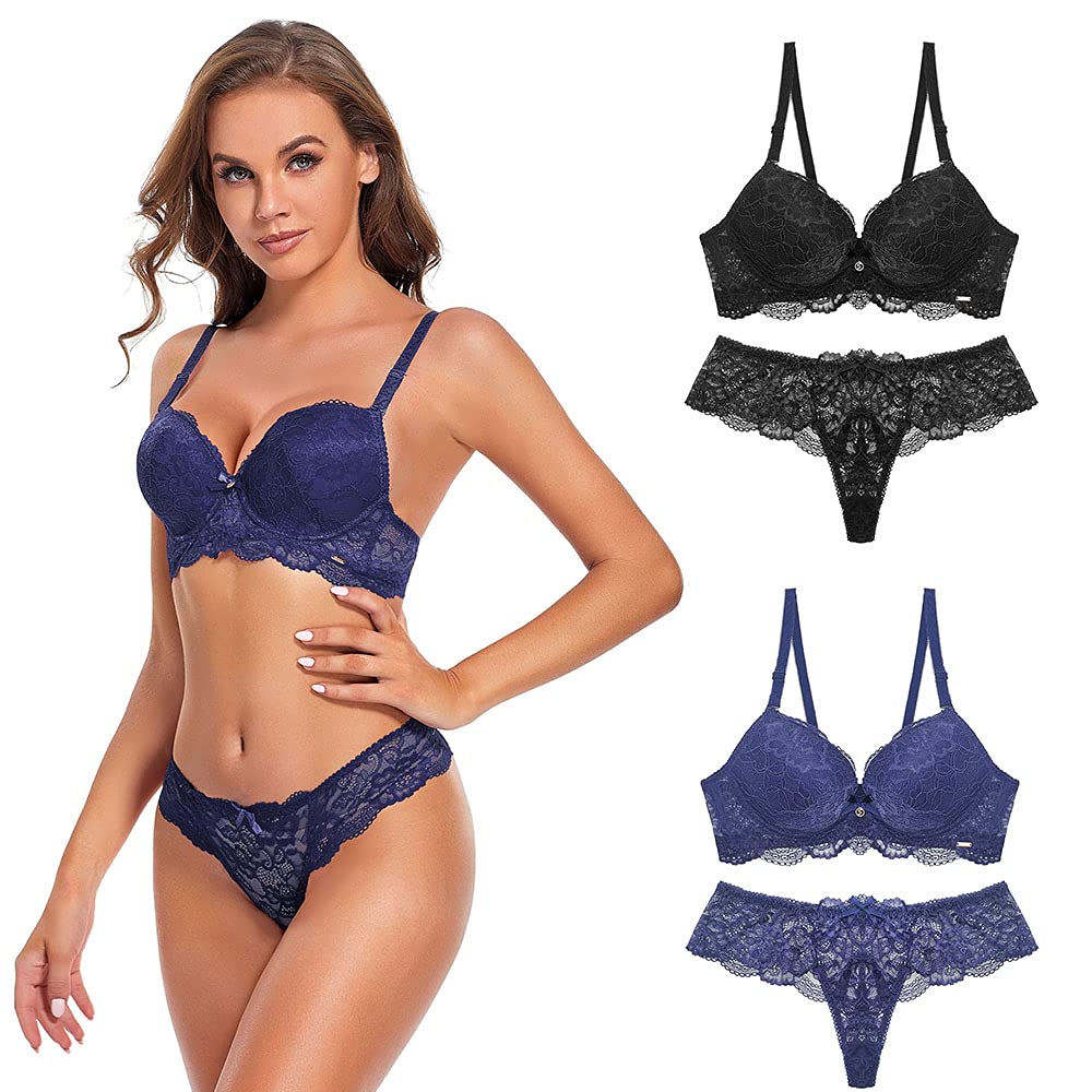 SHEKINI HEKINI Conjuntos de lencería Push up Sujetador y Tanga de Encaje Sexy Lingerie Set Sujertador Mujer con Aros sin Relleno Cómoda Bra y Tanga