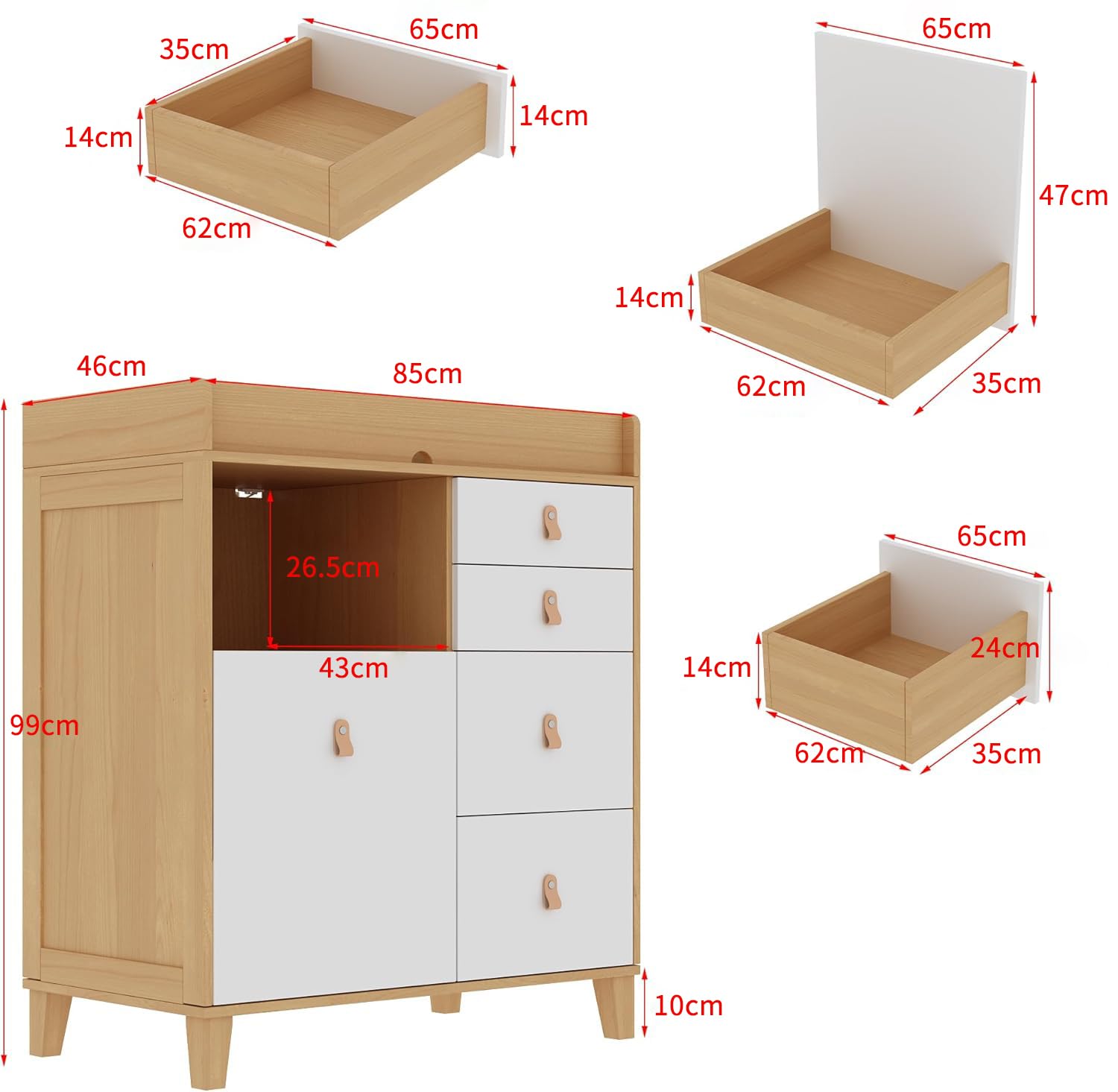 Cambiador con 5 cajones y barandilla protectora, estantería para cambiar pañales con espacio de almacenamiento abierto, 85 cm x 46 cm x 98 cm, MDF, color blanco y madera
