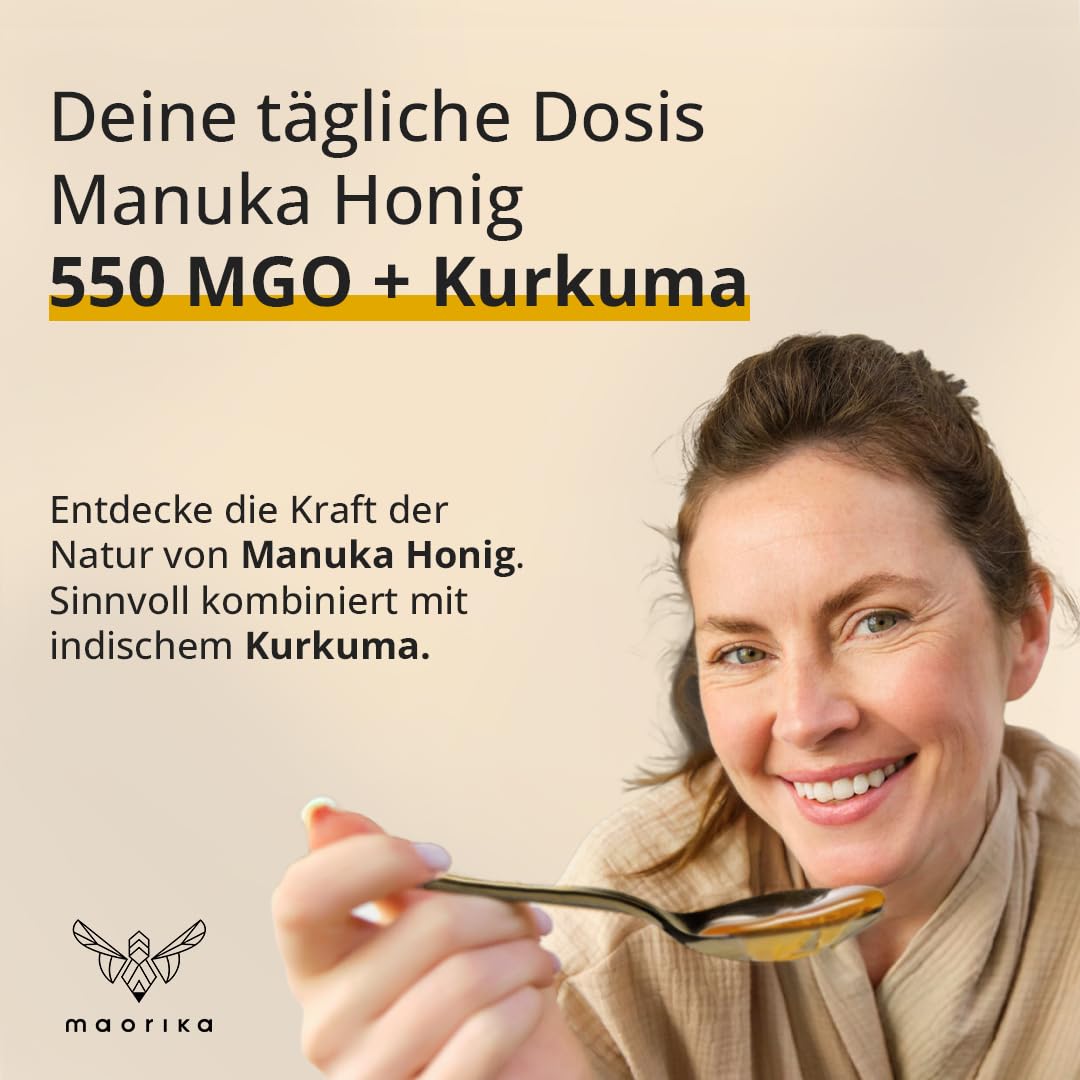 maorika - Manuka Honig 550 MGO im Glas (lichtundurchlässig) - laborgeprüft, zertifiziert aus Neuseeland (Manuka Honig mit Kurkuma)
