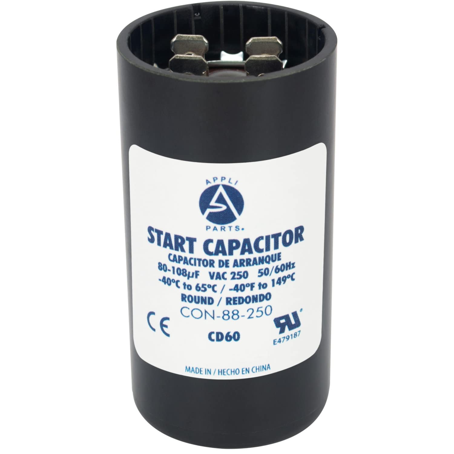 Appli Parts motor start capacitor 80-108 Mfd (microfarads) uF 250VAC universal fit for electric motor applications 1-7/16 in Diameter 2-3/4 in Height CON-88-250