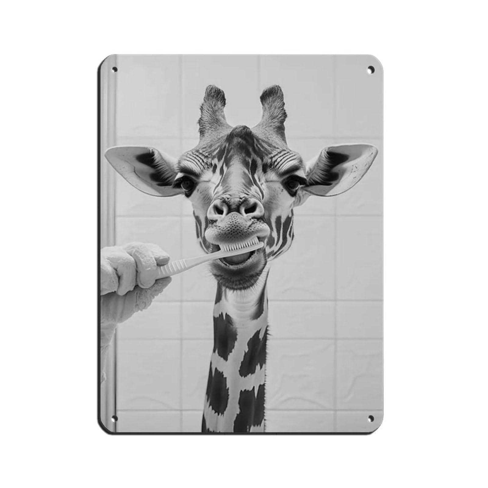 Giraffe Brushing Teeth, Funny Bathroom Art Retro Poster Metal Tin Sign Chic Art Retro Iron Painting Bar People Cave Cafe Family Garage Poster Wall Decoration 12x16inch(30x40cm)