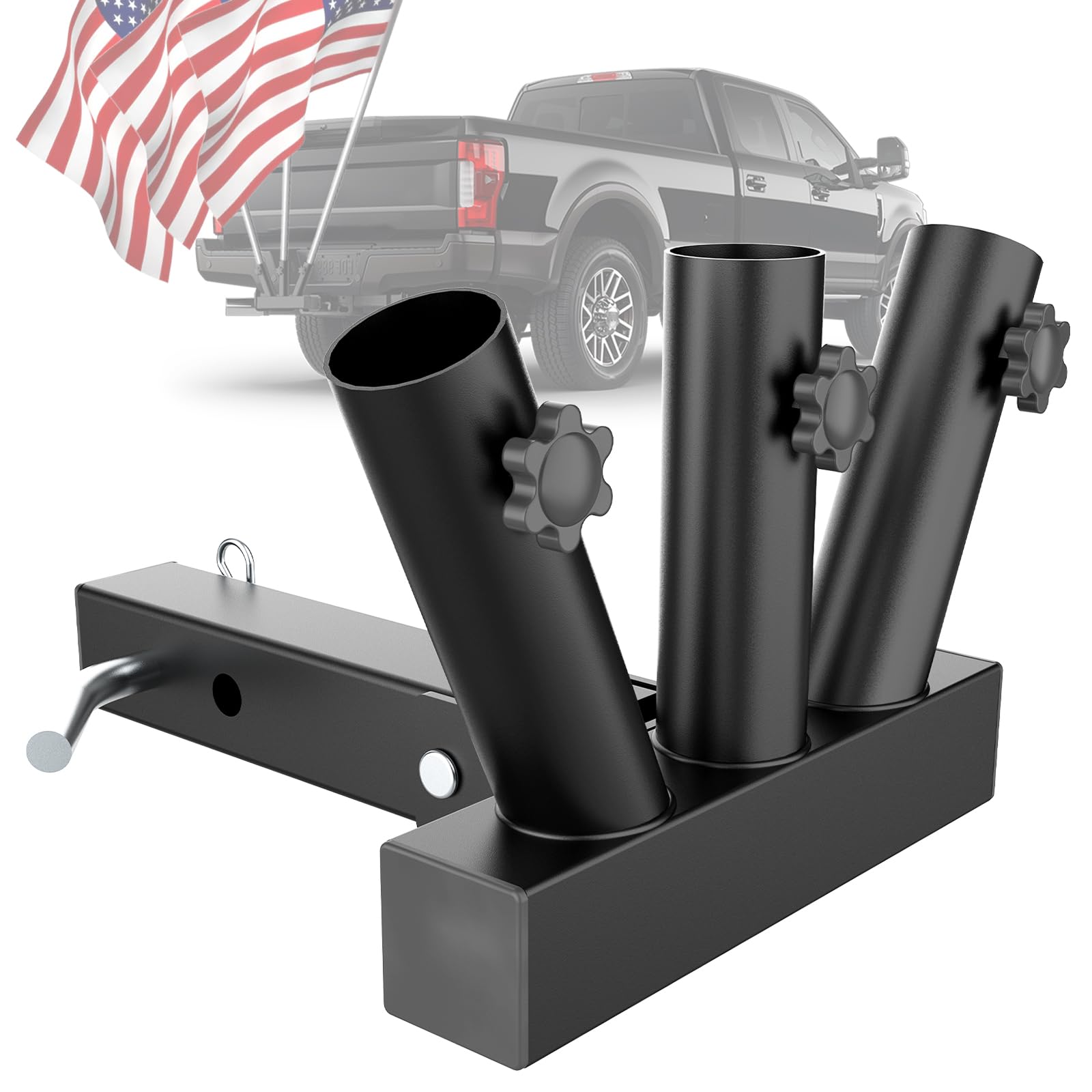 Trailer Hitch Flag Pole Holder, Heavy Duty Triple Flagpole Mount Fit for Standard 2" Hitch Receiver, Universal Flag Pole Compatible with Truck, Jeep, RV, SUV, Pickup, Camper, Trailer(Black)