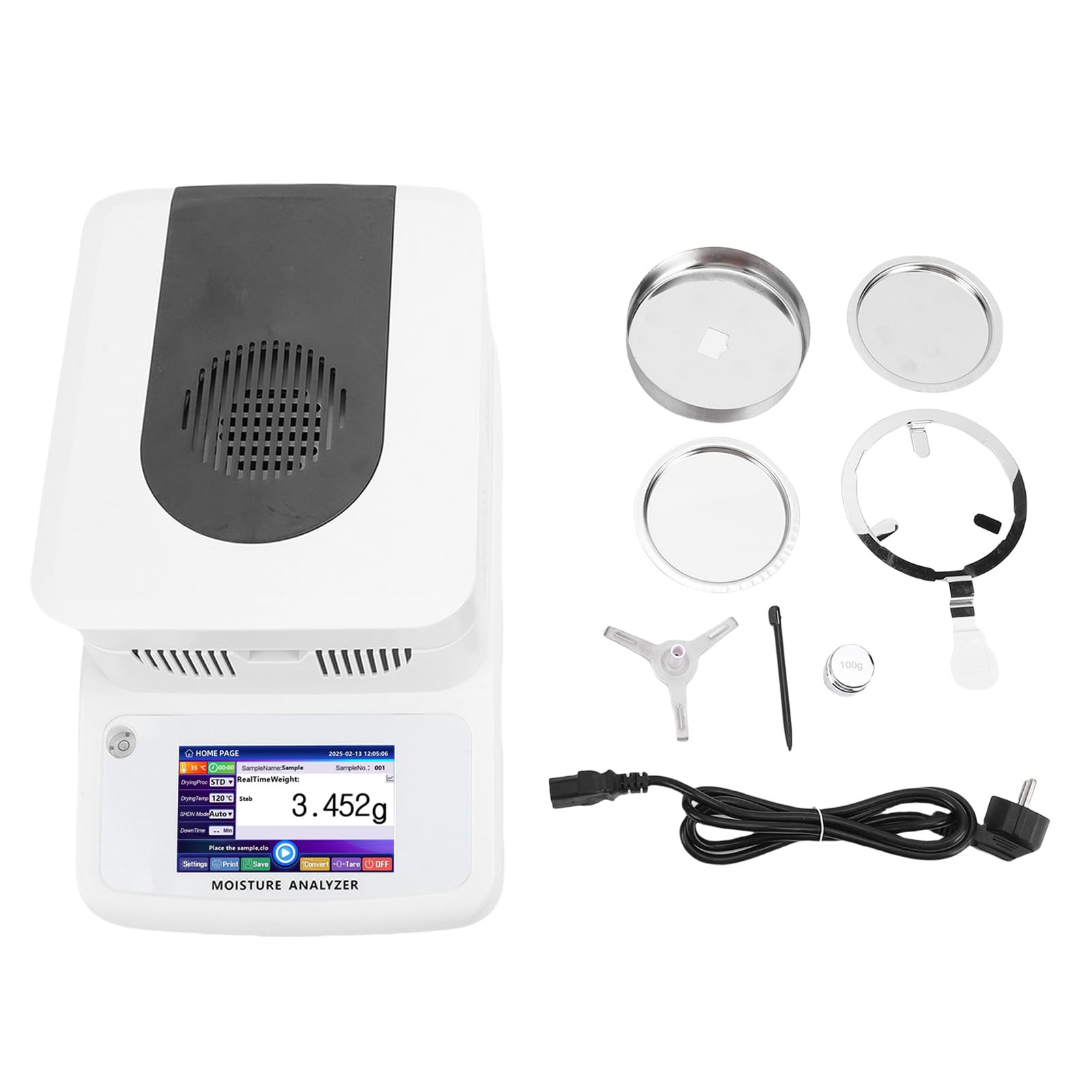Analizador de Contenido de Agua de Calefacción Halógena, Medidor con Pantalla Táctil de 120 G para Alimentación de Maíz, Precisión de 0,002 G, con Acero Inoxidable, (Enchufe europeo 220V)