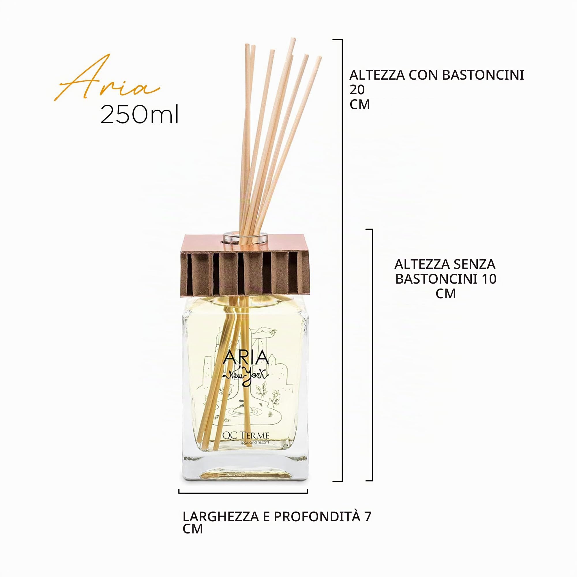 QC Terme ARIA NEW YORK, Profumatore per ambiente in vetro a bastoncini 250 ml, Fragranza raffinata con note al Gelsomino, Made in Italy