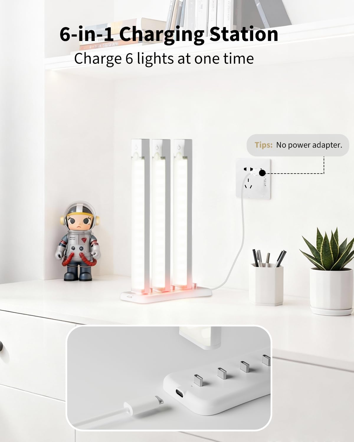 USB-Unterschrank-Ladestation mit 6 Typ-C-Ladeanschlüssen, 2er-Pack, tragbares Licht mit Bewegungssensor für den Innenbereich, Multi-Lichtspeicher und Ladestation