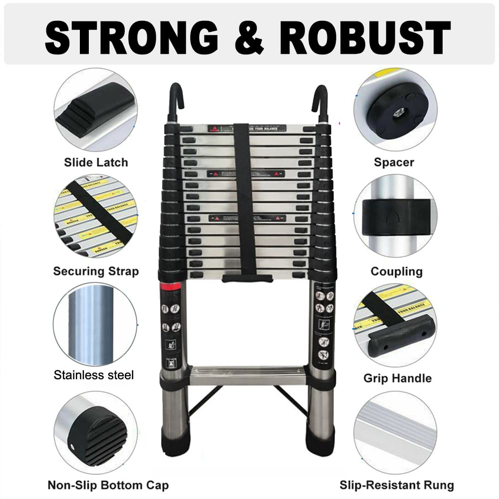 Scala Telescopica in Acciaio inossidabile da 5 m, antiscivolo, Scala Allungabile con 2 Ganci, 13 pioli, Scala multifunzione, facile da trasportare, portata 150 kg, EN131
