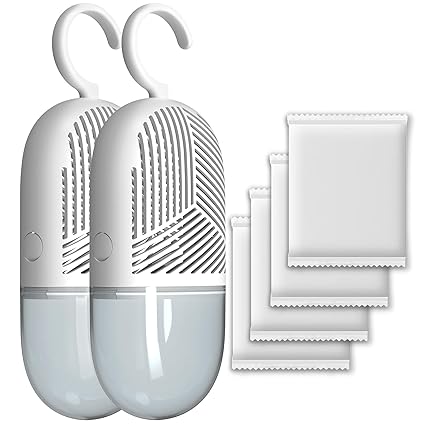 Nezzbe Hanging Moisture Absorber-2 Packs, 360 degree Ventilation Reusable Dehumidifier for Closet with 4 Refill Bags, Damp Rid Essentials for Wardrobes, Bedrooms and Bathrooms, White