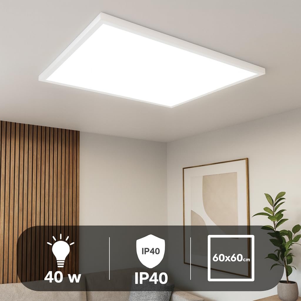 M Ledme - Plafon Superficie Panel LED 60X60cm 40W, Con Selector de Color Blanco Calido, Neutro o Frio (CCT), 4000 Lumenes, Luces led para cocina o habitación, Driver incluido.