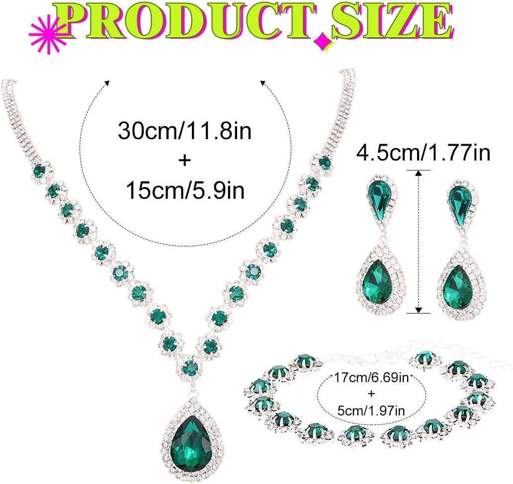 Sixexey Rhinestone Crystal Jewelry Set Green Necklace Earrings for Women | Sparkly Bridal Jewelry Accessories for Wedding Party
