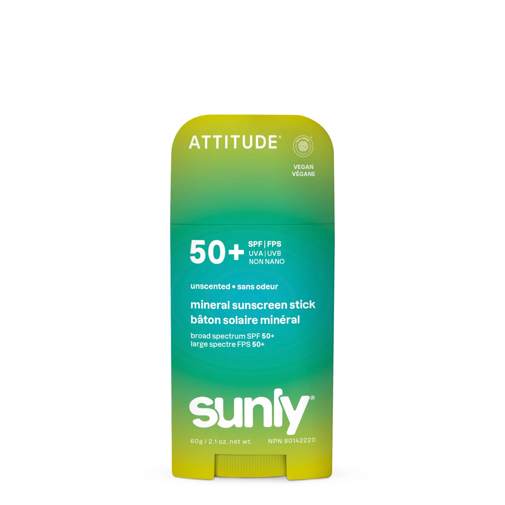 ATTITUDE Mineral Sunscreen Stick SPF 50, Broad Spectrum Zinc Oxide, EWG Verified, Non-Nano, Mess-Free Stick for Face & Body, Lightweight Non-Greasy, Vegan, Unscented, 60 grams