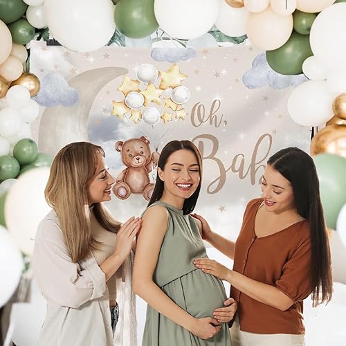 Miniatura 4 de MEHOFOND Oh Baby Bear - Telón de fondo para baby shower, género, decoración de fiesta de cumpleaños, bandera de oso en la luna, globos de estrella