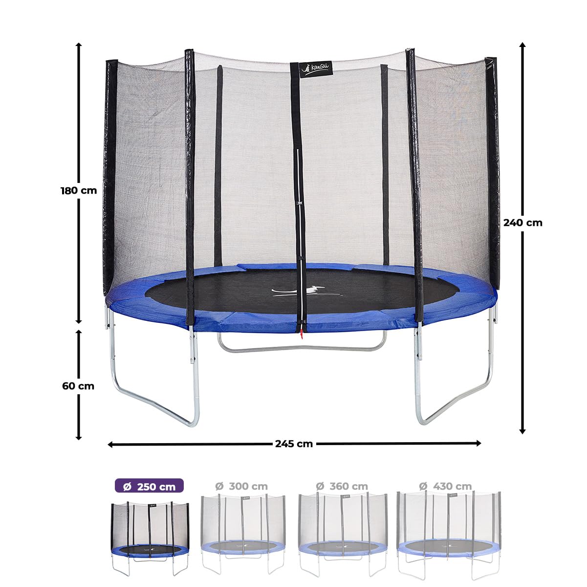 KANGUI Trampoline Enfant extérieur avec Filet de sécurité + échelle, Couverture de propreté et kit d’ancrage – Jardin – Ø250 Ø300 Ø360 Ø430 cm – Bleu