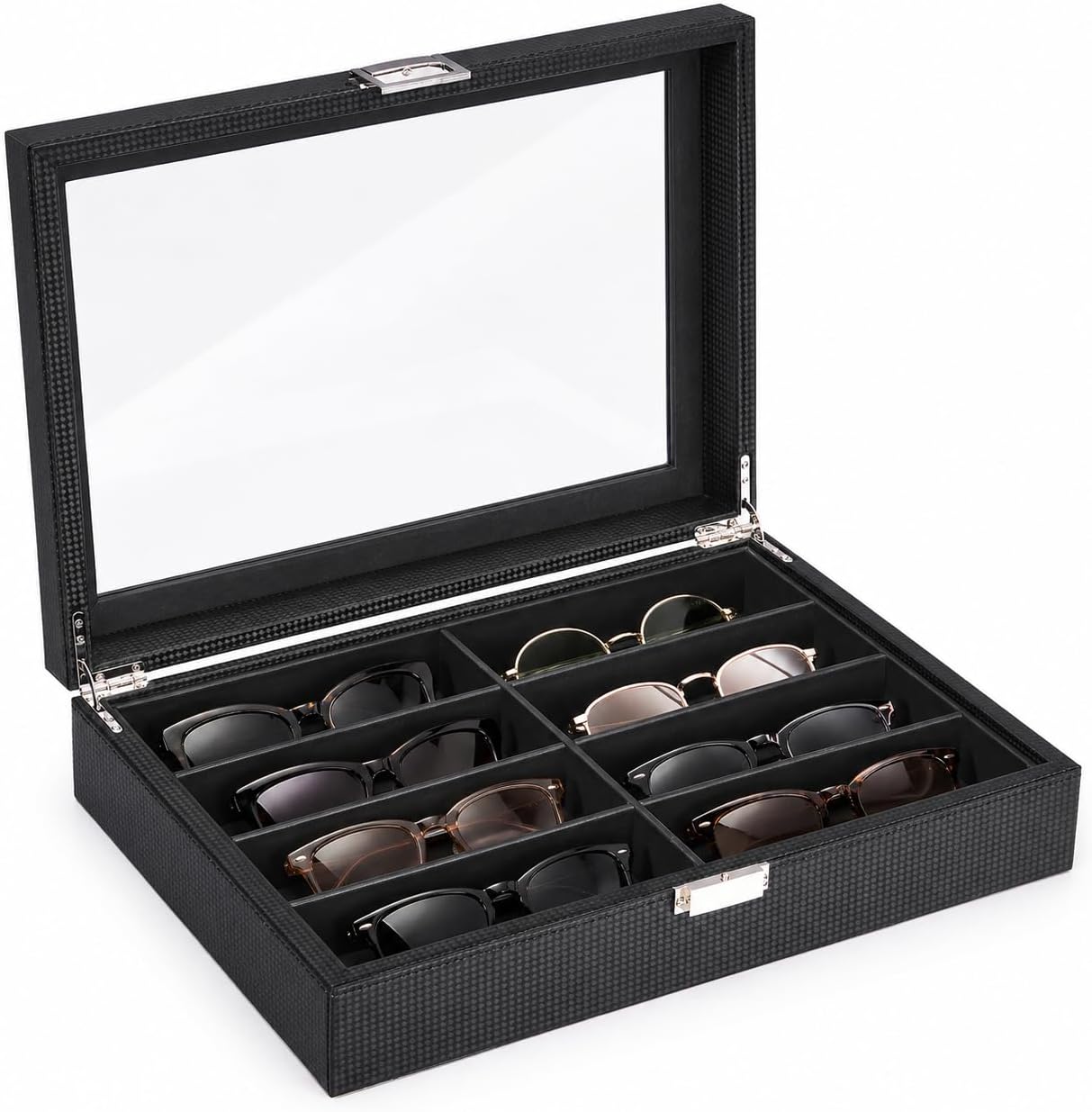 BEWISHOME 8-Slot Sunglasses Organizer Case with Lock, Large Clear Glass Lid, Carbon Fiber Eyewear Display Box, PU Leather Lined Anti-Scratch Storage for Glasses, Watches & Jewelry