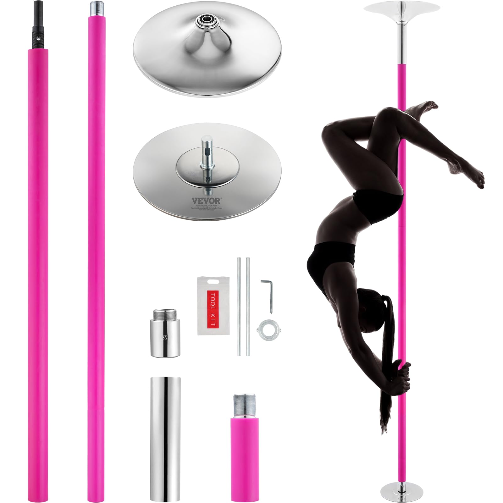 VEVOR Bastón de baile profesional, kit de bastón de baile estático giratorio, poste extraíble portátil, poste de acero inoxidable resistente de 45 mm, poste de fitness ajustable en altura, para