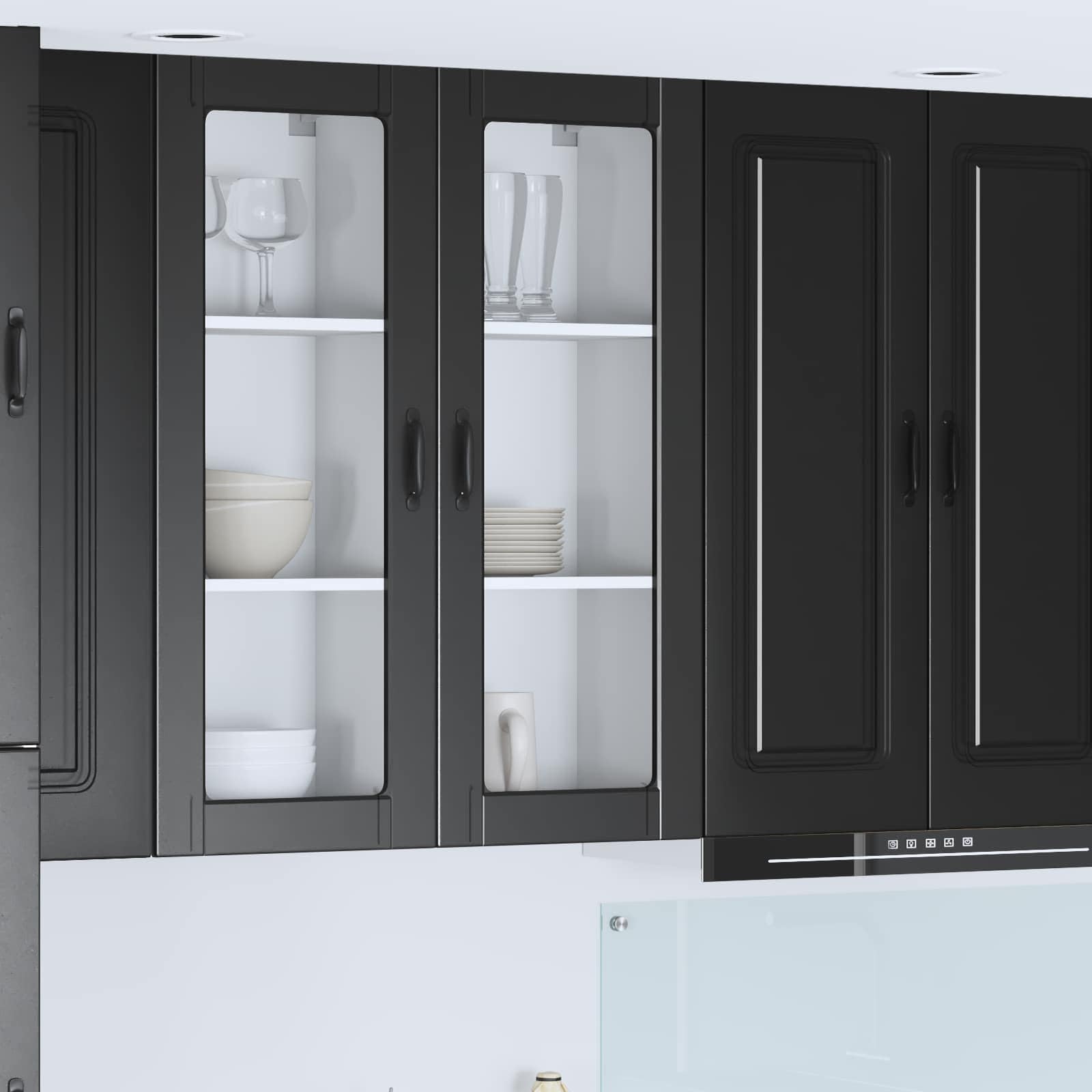 Wandglas-Schrank Porto Schwarz 40 x 31 x 100 cm Holzwerkstoff moderner Küchenschrank mit 3 Regalen, 2 Türen, Wandmontage, ideal für Vorrat, Geschirr, Küchenorganisation und Stauraum