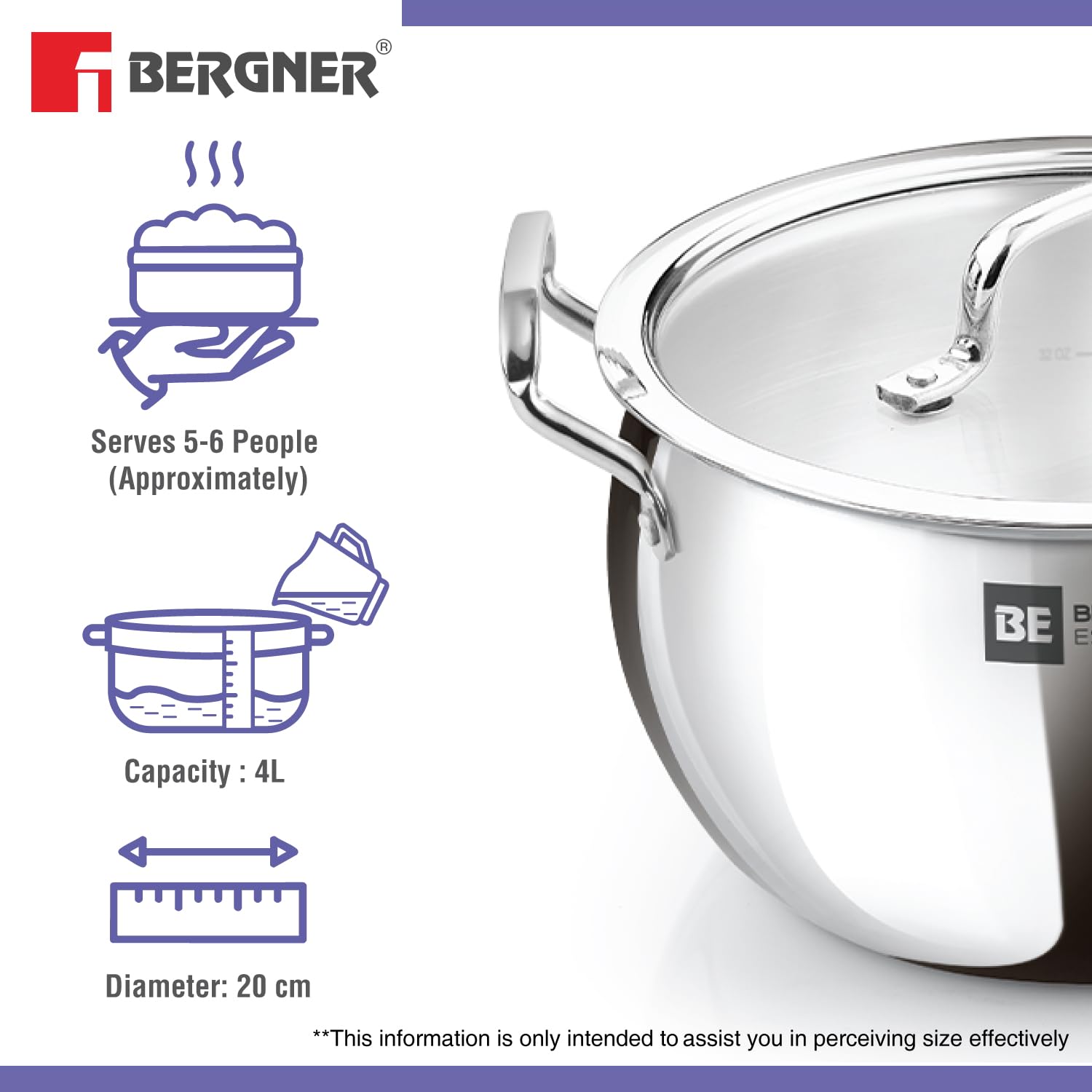 Bergner BE Essentials TriPly Stainless Steel 20cm Rice Handi with Lid, Large Rice Handi, Even Heat Distribution, Easy to Clean, Non-Toxic, Healthy, Less Oil Use - Induction and Gas Stove Ready 1