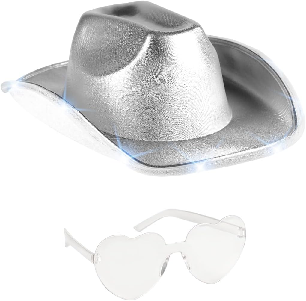 Funcredible Light Up Cowboy Hat and Glasses - Holographic Led Cowboy Hats for Women - Space Cowgirl Costume Outfit