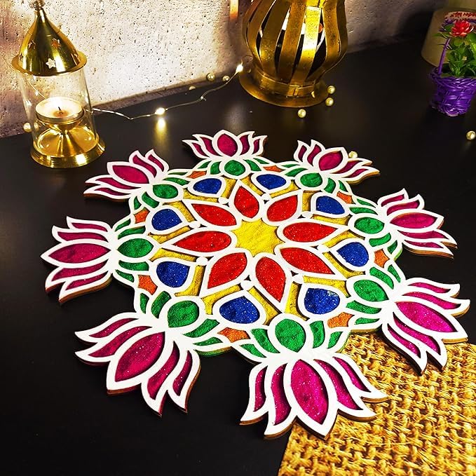 Image of eCraftIndia Lotus Floral Rangoli Stencils for Door Entrance | Rangoli Making Tools Kit | Reusable Poratable Floating Rangoli | Diwali Decoration Items for Home Office