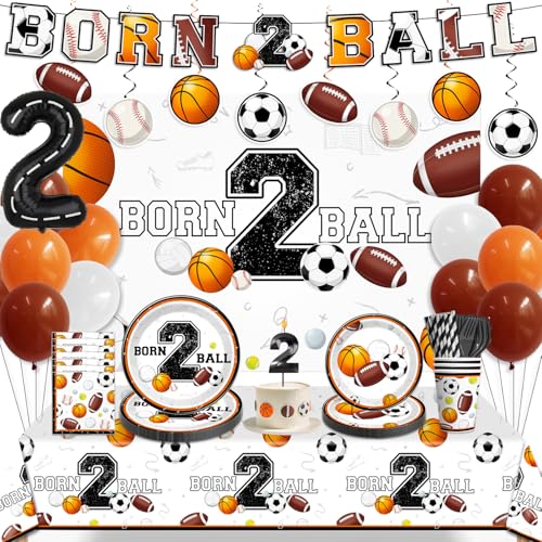 190 Pcs Born 2 Ball Birthday Decorations for 25 Guests Disposable Tableware Set with Backdrop Balloon Candle Tablecloth-Easy Assembly Ball Themed 2nd Birthday Party