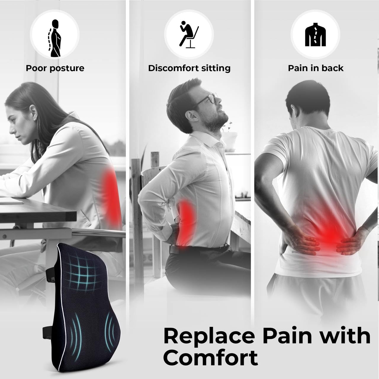 Comfortpad - Cojín de apoyo lumbar | Espuma viscoelástica para aliviar el dolor de espalda | Soporte ergonómico de espalda completa | Para silla de oficina, coche y hogar | Cubierta de malla