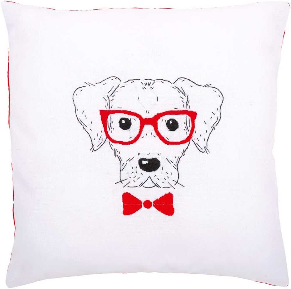 Vervaco Dog with Red Glasses Cushion Stamped Embroidery Kit, 16" x 16"
