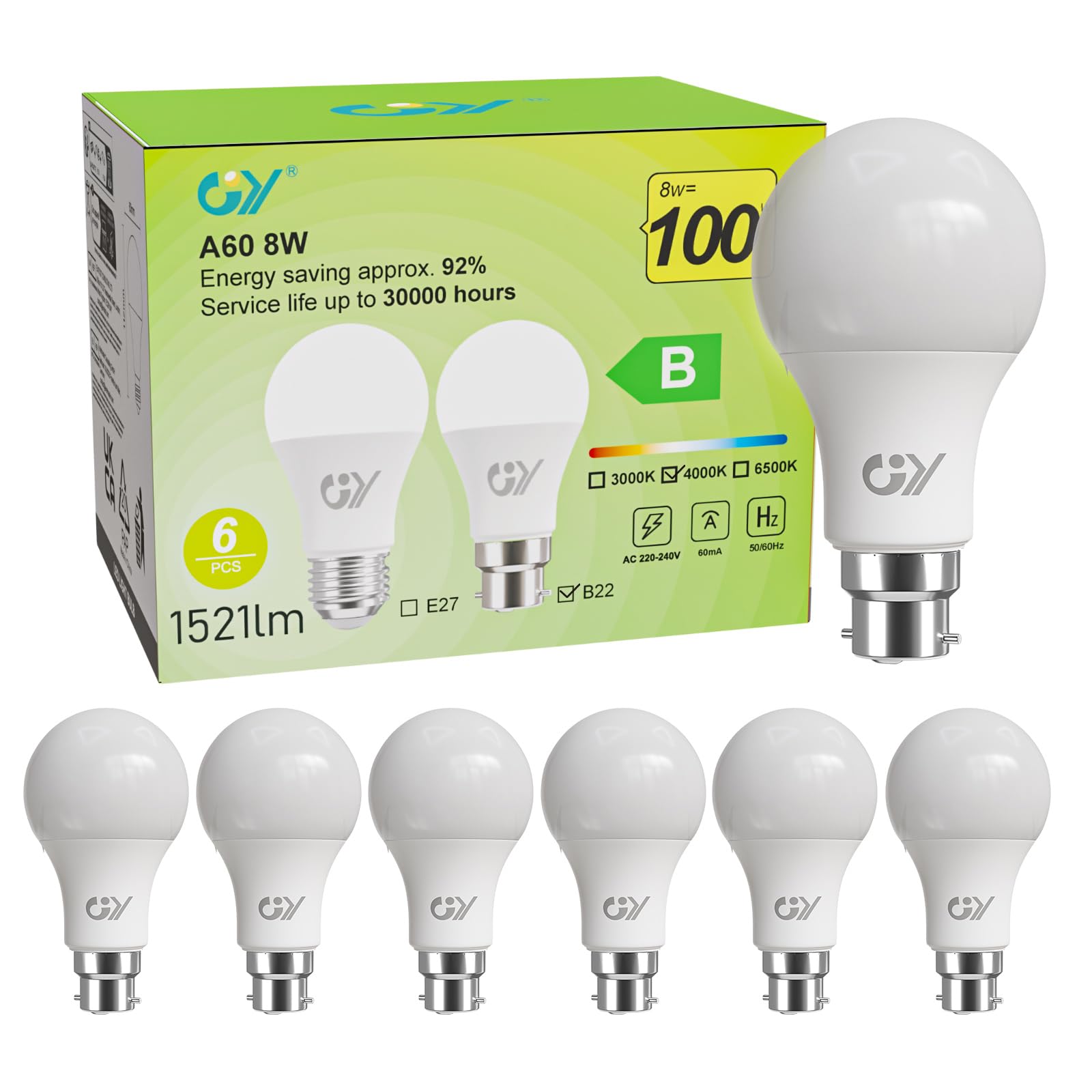 GY B22 Bayonet LED Light Bulb Neutral White 4000K, A60 8W 1521LM High Energy-Efficient Class B, Replaces 100W, Non-Dimmable, 6 PCS — image 1
