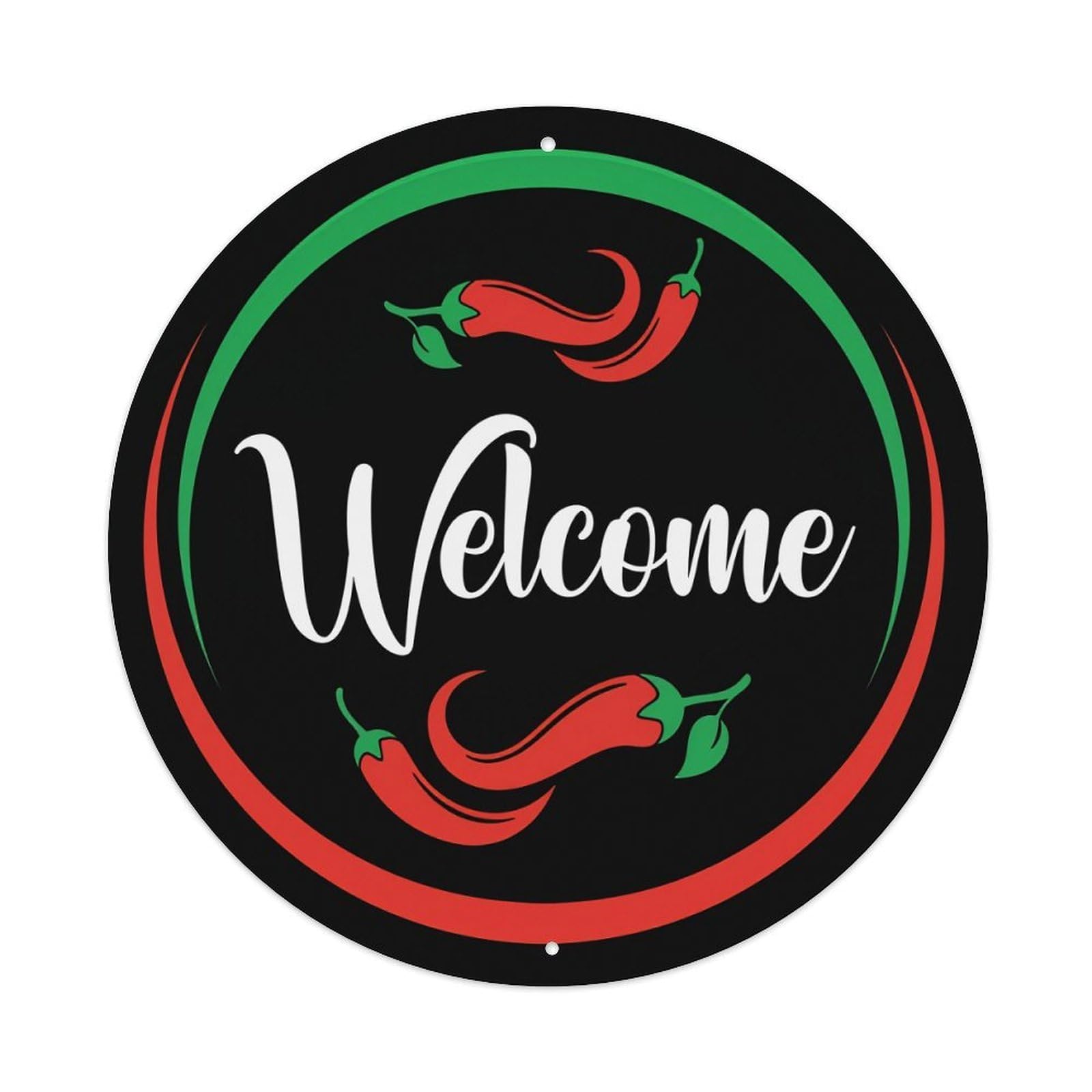 Welcome Chili Pepper Design Pattern Round Tin Sign Vintage Metal Poster Retro Bar, Home, Man Cave, Kitchen, Laundry Room Wall Art Decor Gift 8x8In