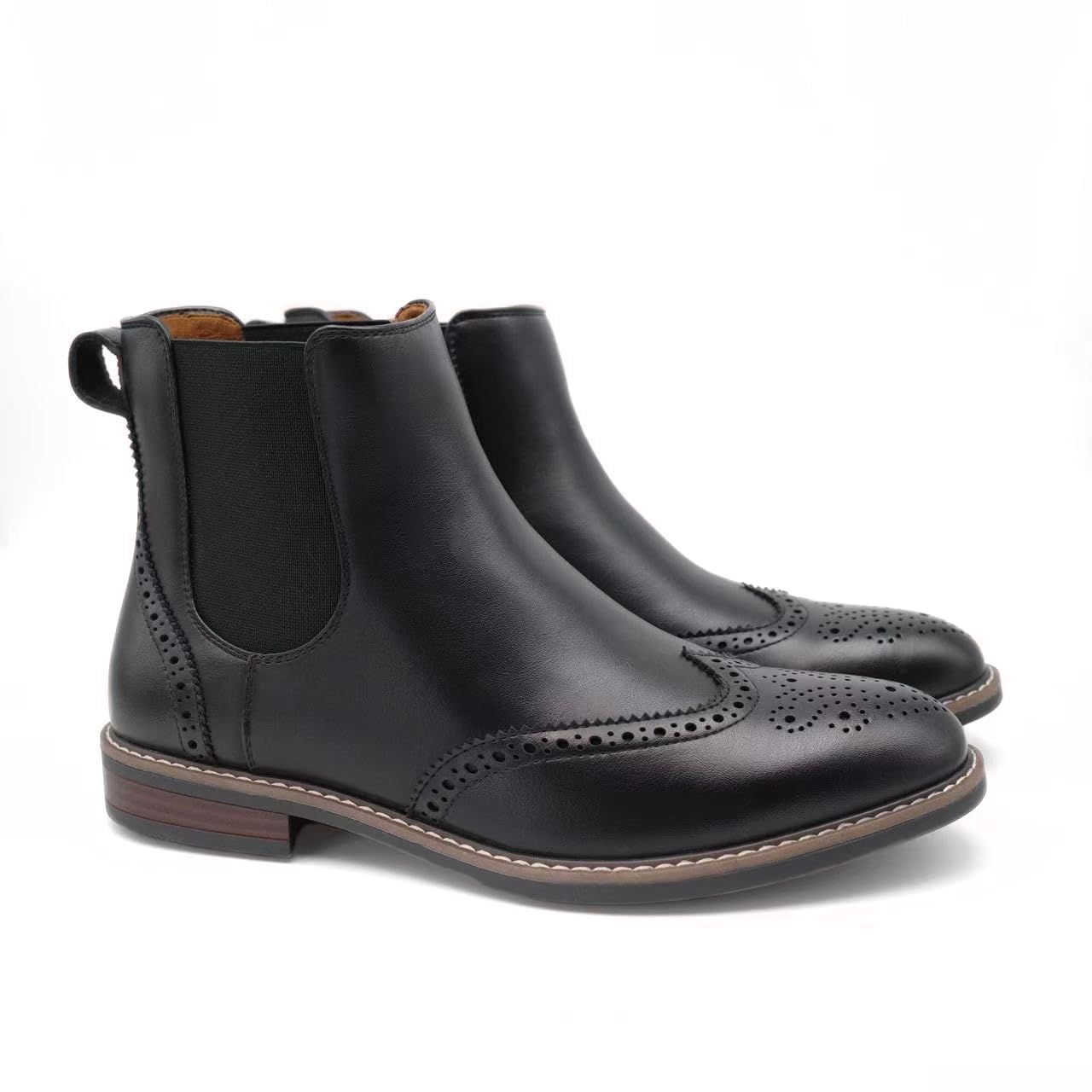 Finishing & Sewing Botines Chelsea para hombre, Brogue Wingtip, piel marrón, inserción elástica