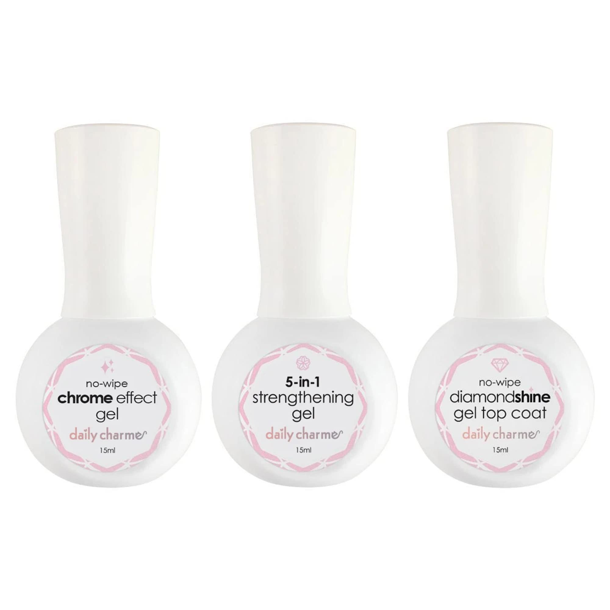 Daily Charme 3 Essential Gel Polish for Chrome Nails (Chrome Effect No-Wipe Gel, 5-in-1 Strengthening Gel, and Diamond Shine No-Wipe Gel Top Coat), High Gloss, Soak Off, Home DIY/Salon Manicure