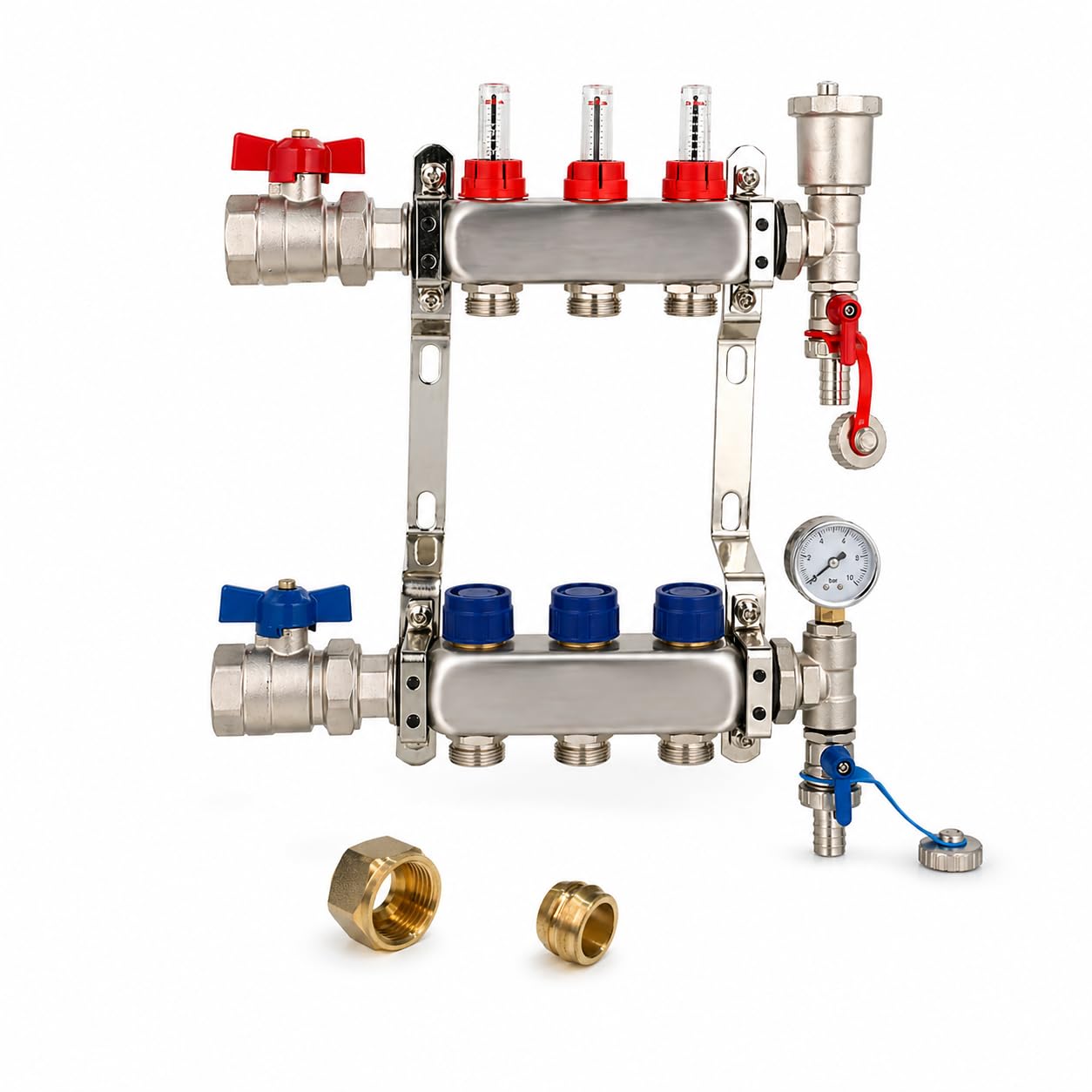 Wärmer System Silver Underfloor Heating Manifold 3 Port Stainless Steel | Pipe Connections | 1Inch Ball Valves | Pressure Gauge | Automatic Air Vent | Ufh System (Copper 15Mm Eurocone)