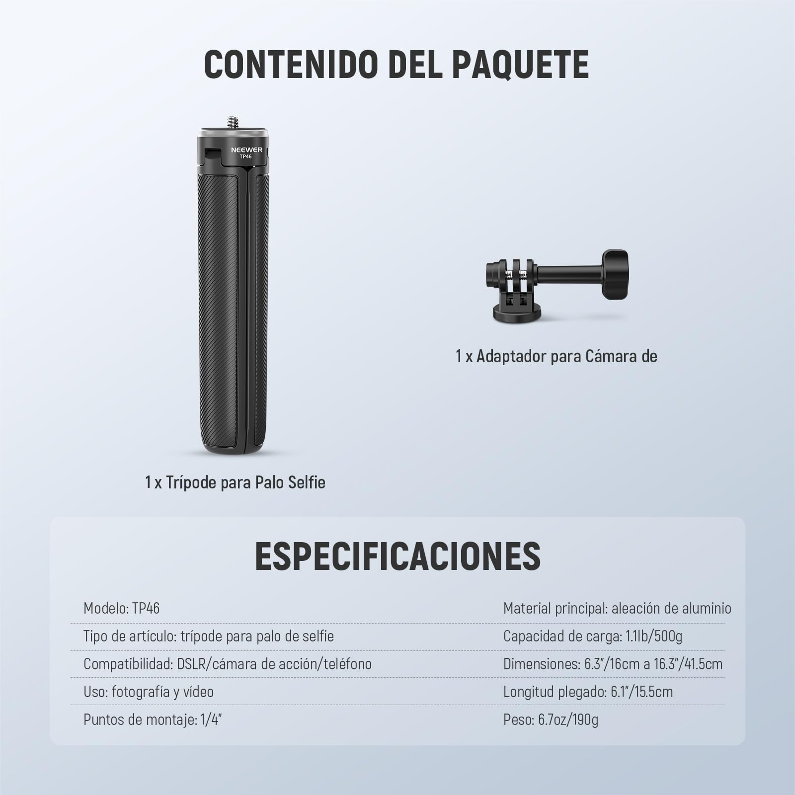 NEEWER BÁSICO Trípode Palo Selfie para DSLR Cámara Acción Webcam, Minisoporte Escritorio Videoblogs, Compatible con GoPro Hero 13, 12, Insta360, dji Osmo Action 5 Pro, AKASO, EK7000, Brave 4 7, TP46