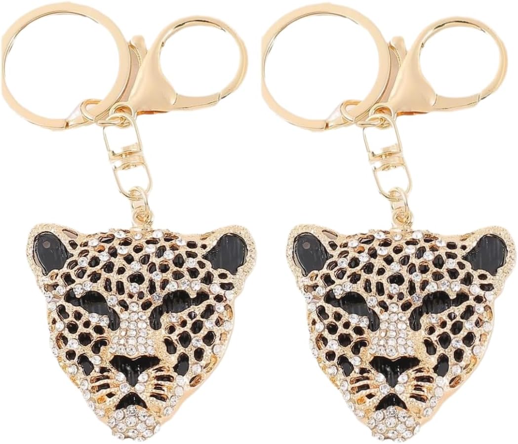 2Pcs Leopard Bag Pendant, Cute Cheetah Head Purse Key Ring Chain Adornment for Wallets, Car Keychain (4.9×5.1×10.7cm)