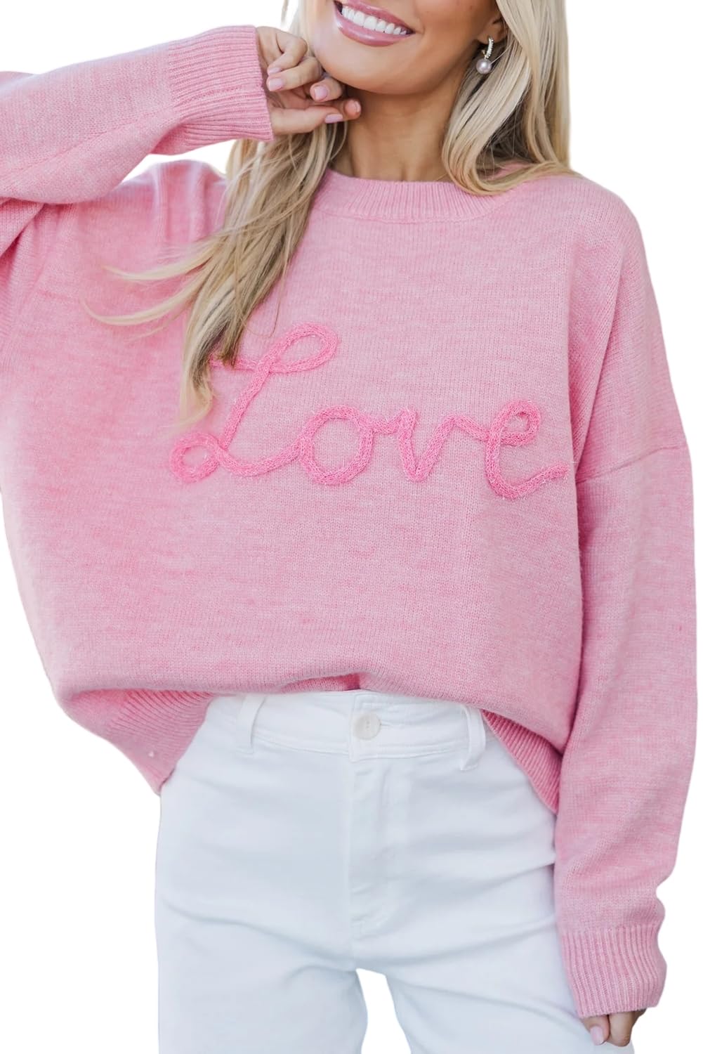 Urchics Womens Casual Sweater Pink Corded Love Script Graphic Baggy Sweater