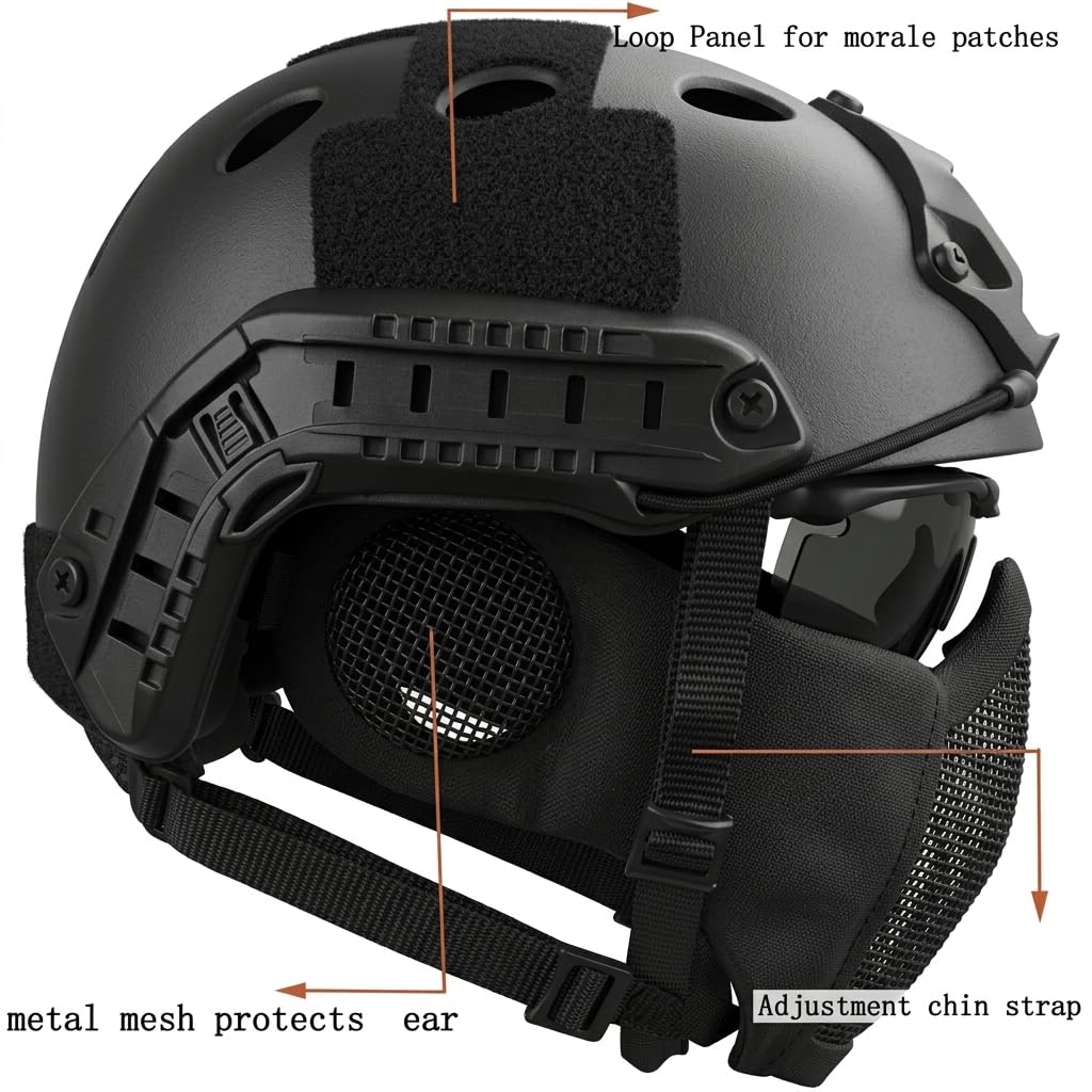 Casco Fast Tattico MH Combinato, con Protezione per le Orecchie Pieghevole Maschera a Rete Mezza Faccia e Occhiali per il Set di Giochi Airsoft Paintball CS