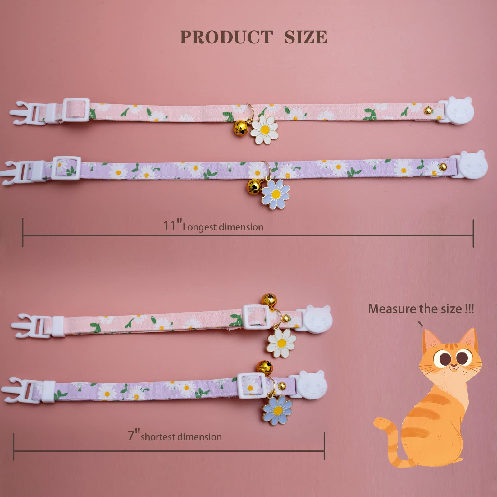 2 Pack Cotton Cat Collar with Yellow Pendant and Kitten Collar with Bell (2 Pink Flowers), 17.8-29.2 Centimètres - Image 3